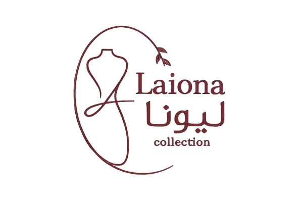 Laiona collection logo with a stylized dress form and Arabic text on a white background